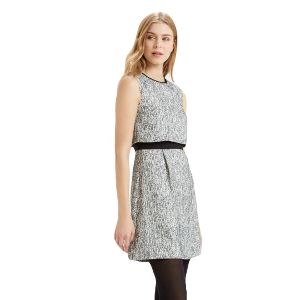 OASIS Dress M Grey Tweed Overlay-Detail Pleated Black-Accent Knee Zip Sleeveless